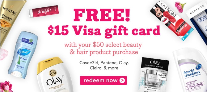$15 Visa gift card with your $50 select beauty & hair product purchase